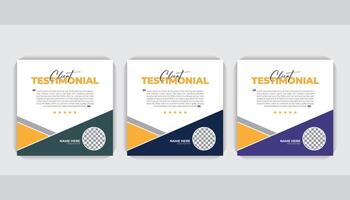 Corporate and simple layout, 3 color variation, Client feedback social media post bundle carousel design. Client testimonial banner template vector