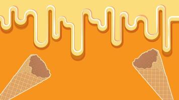 Waffle cone with cream flowing on top, orange background vector