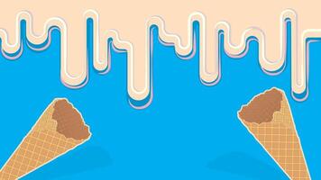 Waffle cone with cream flowing on top, blue background vector