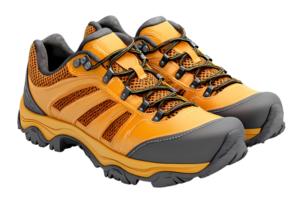 an orange and gray hiking shoe on a transparent background png