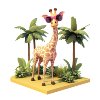cute 3d cartoon giraffe in sunglasses standing on a beach with palm trees png