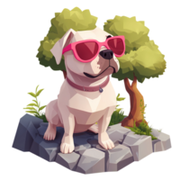 bulldog wearing sunglasses sitting on rock with trees and grass png