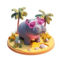 hippo in sunglasses on a beach with palm trees png