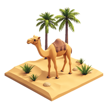 isometric camel in desert with palm trees on transparent background png