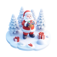 3d santa claus with presents on a snowy hill png