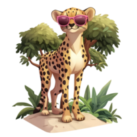 cheetah in sunglasses standing on a rock with a tree in the background png