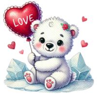 Charming polar bear with a love balloon, surrounded by hearts. Valentine's day cartoon character. png