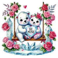 Two cute polar bears in a floral setting share love and affection. Valentine's day cartoon character. png