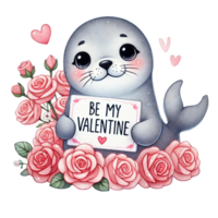 Cute seal holding a Valentine's card surrounded by roses. Valentine cartoon character. png