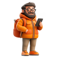 3d icon happy man bearded hiker in an orange puffer jacket using a smartphone app, set against a transparent background png