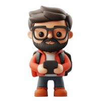 3d icon happy man bearded hiker in an orange puffer jacket using a phone app, set against a transparent background png
