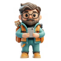 3d icon happy man bearded hiker in an orange puffer jacket using a phone app, set against a transparent background png