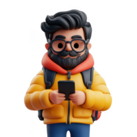 3d icon happy man bearded hiker in an orange puffer jacket using a smartphone app, set against a transparent background png