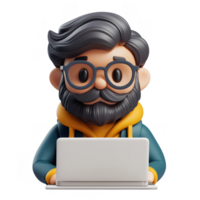 3d icon happy male student with glasses and backpack holding a tablet, isolated on a clear background png