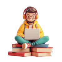 3d icon happy student man icon with headphones using a laptop, sitting on a stack of books online education, studying and learning, with a transparent background png