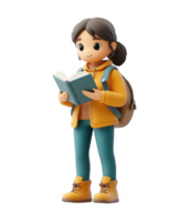 3d icon illustration of a smiling student girl with glasses and a backpack, absorbed in reading a book on a transparent background png