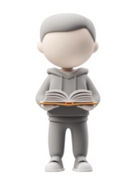 3d icon character student man holding an open book education, promoting education and learning, on a transparent background png
