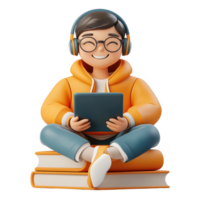 3d icon happy student man icon with headphones using a laptop, sitting on a stack of books online education, studying and learning, with a transparent background png