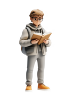 3d icon character student man holding an open book education, promoting education and learning, on a transparent background png