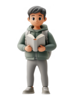 3d icon character student man holding an open book education, promoting education and learning, on a transparent background png