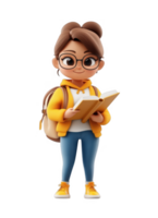 3d icon illustration of a smiling student girl with glasses and a backpack, absorbed in reading a book on a transparent background png