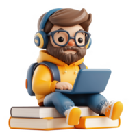 3d icon happy student man icon with headphones using a laptop, sitting on a stack of books online education, studying and learning, with a transparent background png