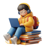3d icon happy student man icon with headphones using a laptop, sitting on a stack of books online education, studying and learning, with a transparent background png