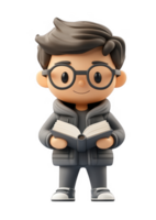 3d icon character student man holding an open book education, promoting education and learning, on a transparent background png