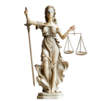 Lady justice statue with scales and sword symbolizing law, fairness, and justice, set against a transparent background png