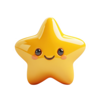 Adorable 3d icon happy star emoji yellow character with blushing cheeks and large eyes, set against a transparent background png