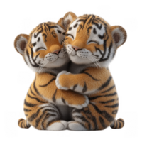 3d icon valentine Adorable tiger cubs hugging embrace with closed eyes, displaying love and affection against a see through backdrop png