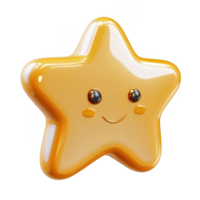Cute 3d icon happy star emoji character with blushing cheeks and large eyes, set against a transparent background png
