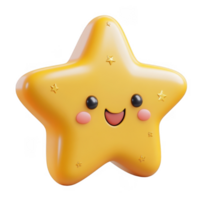Adorable 3d icon happy star emoji yellow character with blushing cheeks and large eyes, set against a transparent background png