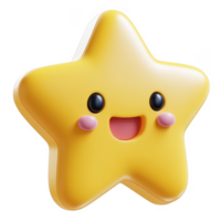 Adorable 3d icon happy star emoji character with blushing cheeks and large eyes, set against a transparent background png