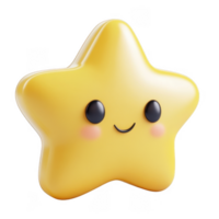 Adorable 3d icon happy star emoji character with blushing cheeks and large eyes, set against a transparent background png