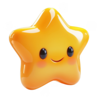 Cute 3d icon happy star emoji character with blushing cheeks and large eyes, set against a transparent background png