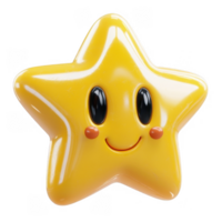 Cute 3d icon happy star emoji character with blushing cheeks and large eyes, set against a transparent background png