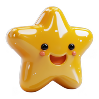 Cute 3d icon happy star emoji character with blushing cheeks and large eyes, set against a transparent background png