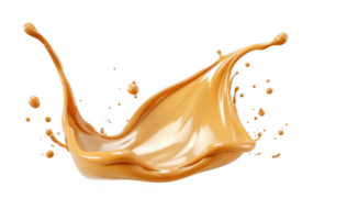 3d Dynamic caramel splashes and droplets in liquid form against a clear backdrop, ideal for food and beverage promotions a transparent background png