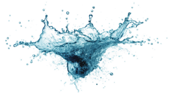 Graceful blue water splashing in crown shape, creating dynamic droplets against a transparent background, evoking freshness and purity png