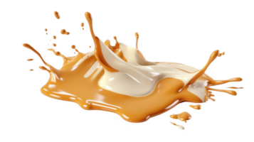 3d Dynamic caramel splash and droplets in liquid form against a clear backdrop, ideal for food and beverage promotions a transparent background png