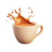 3d icon brown ceramic mug filled with creamy chocolate milk creating a splash, isolated on a transparent background png