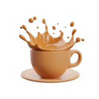 3d icon brown ceramic mug filled with creamy chocolate milk creating a splash, isolated on a transparent background png