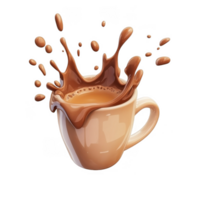 3d icon brown ceramic mug filled with creamy chocolate milk creating a splash Mocha Mousse, isolated on a transparent background png