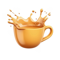 3d icon Overflowing orange coffee liquid splashing from a cup on a isolated on a transparent background png
