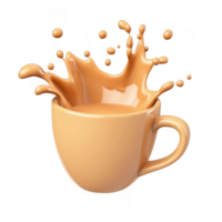 3d icon brown ceramic mug coffee filled with creamy chocolate milk creating a splash, isolated on a transparent background png