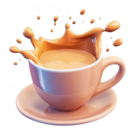 3d icon brown ceramic mug filled with creamy chocolate milk creating a splash Mocha Mousse, isolated on a transparent background png