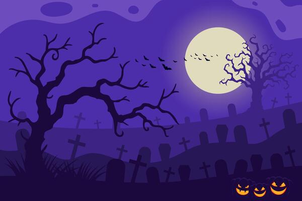 Halloween cemetery landscape with scary tree and tombstones background.