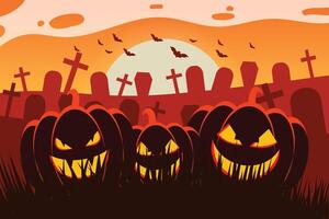 halloween background with spooky pumpkins, full moon and graveyard, vector