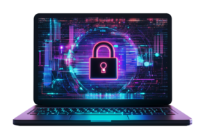 Laptop With Padlock Depicting Data Protection Cyber Security Front View Isolated on Transparent Background png